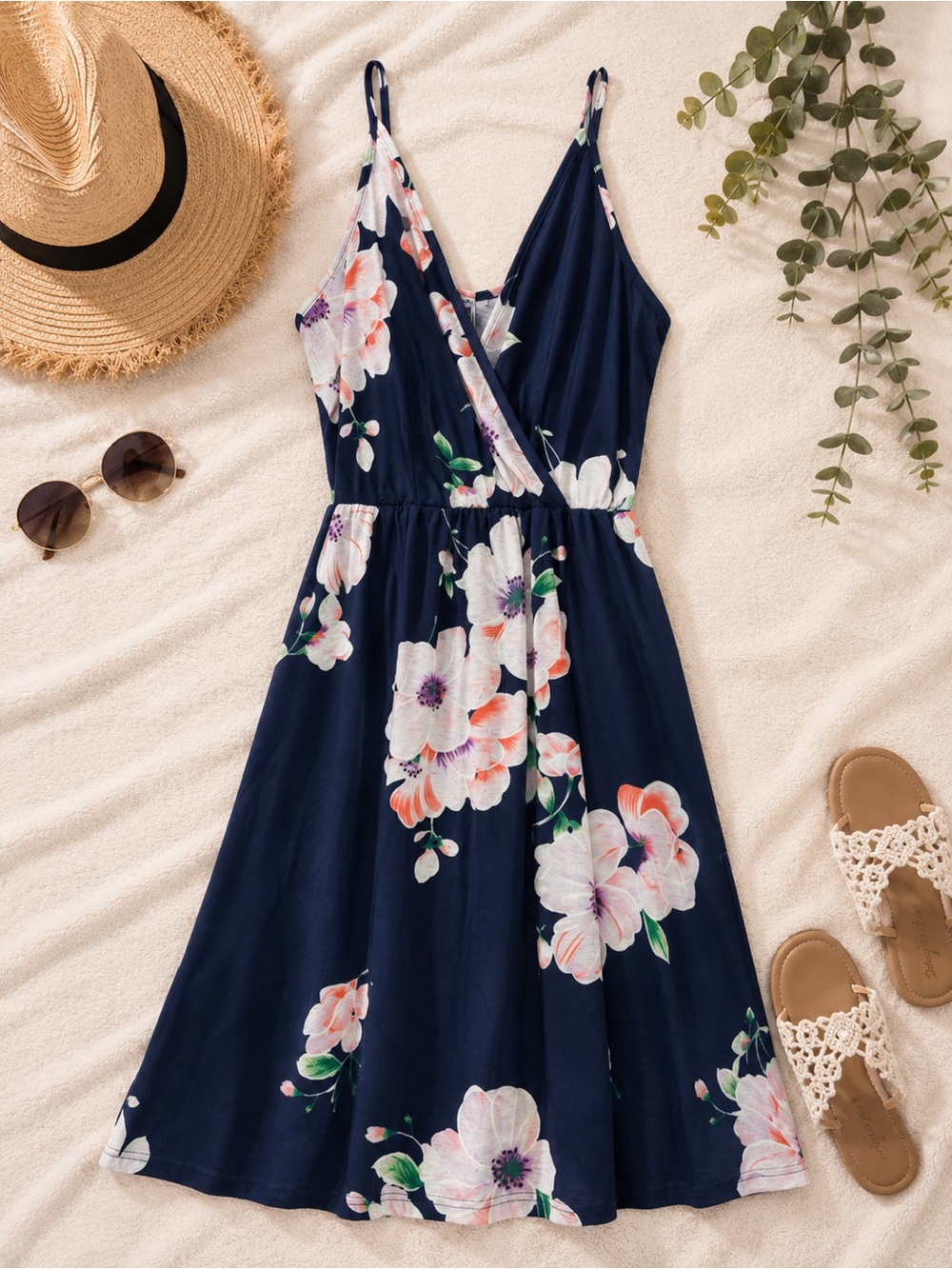 Navy Blue Floral Spaghetti Strap Sundress